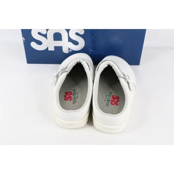 New SAS San Antonio Shoemakers Womens 6.5 W Leather Buckle Clogs Shoes White USA